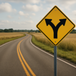 A Y-shaped road sign indicating multiple paths, with a winding road in the background.