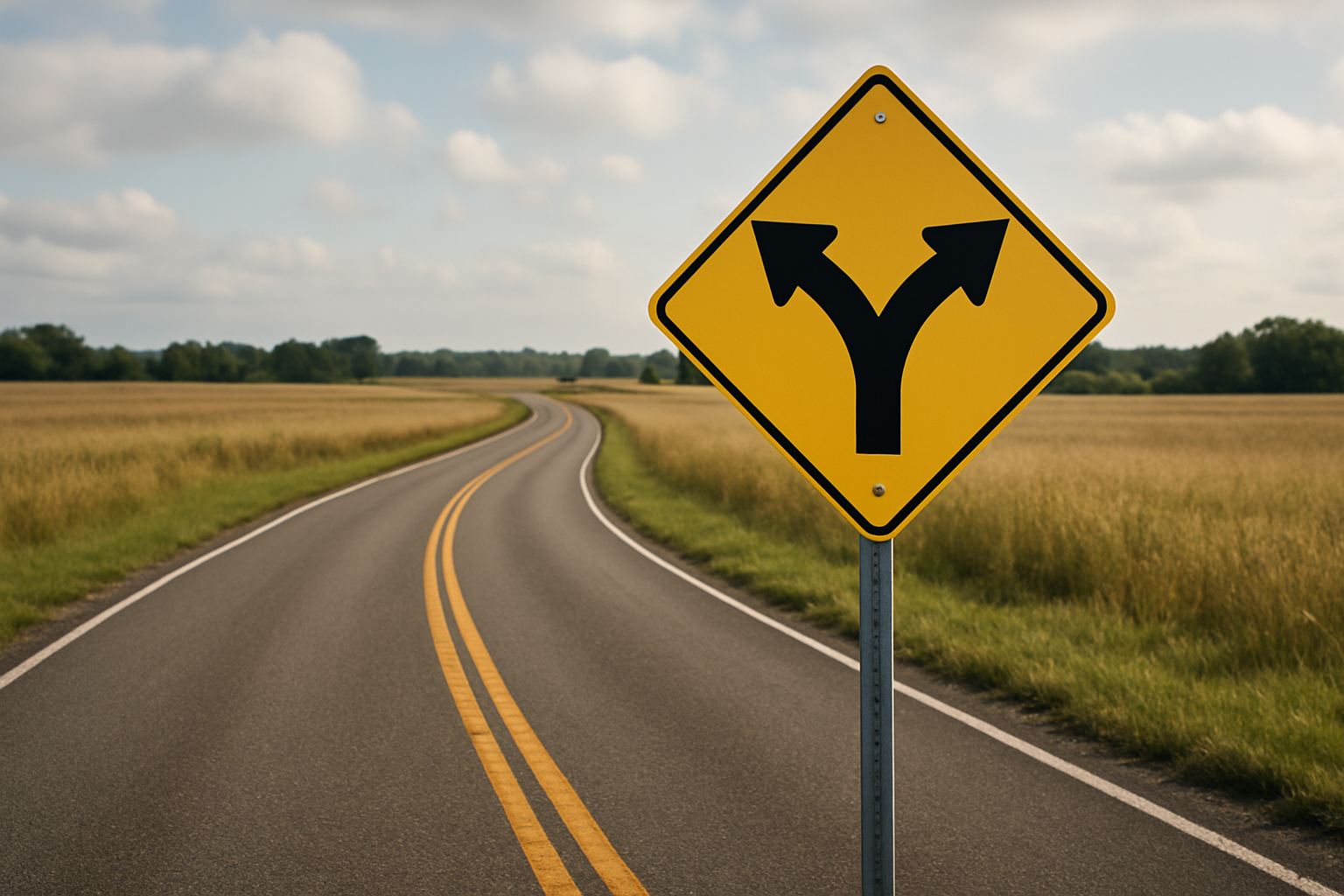 A Y-shaped road sign indicating multiple paths, with a winding road in the background.