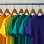 A row of colorful t-shirts hanging on wooden hangers against a neutral background.